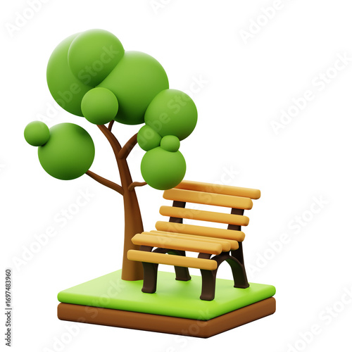 Cartoon Style 3D Rendering Park Scene With Bench and Tree Illustration