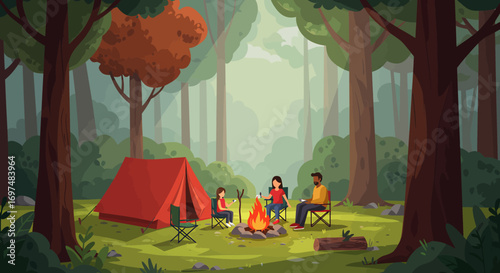 Family camping in a serene forest setting, roasting marshmallows by the campfire, surrounded by trees