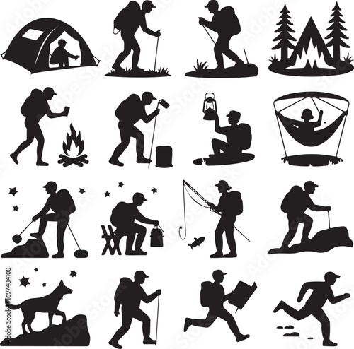 Silhouette collection of hikers campers and outdoor adventurers Keywords: hiking, camping, outdoors