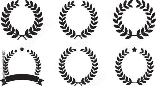 Set of six black and white laurel wreath silhouettes