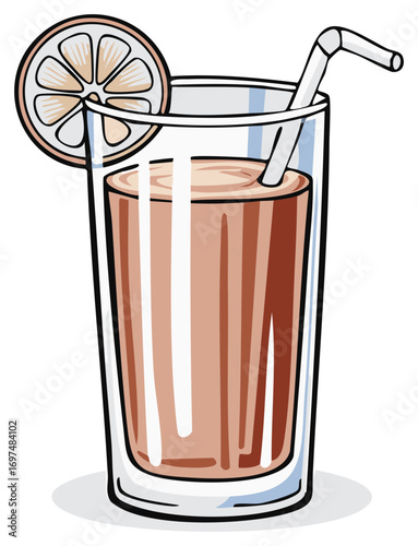 Refreshing brown drink in a tall glass with a straw and a citrus slice illustration
