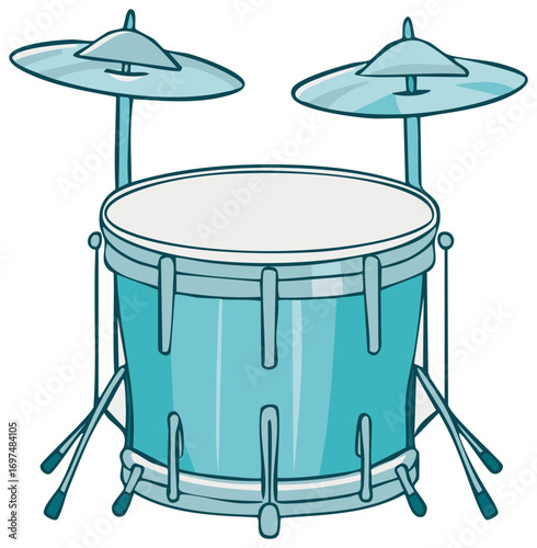Illustration of a Full Blue Drum Set with Cymbals and Drumsticks