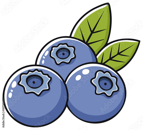 Three cartoon blueberries with lush green leaves clustered together, a vibrant and playful illustration for design projects.