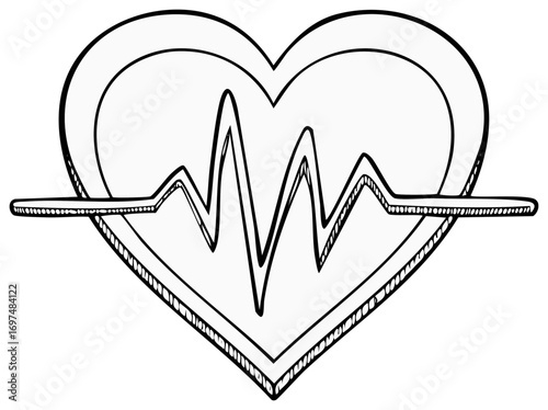 Hand-drawn illustration of heart shape with electrocardiogram, health symbol