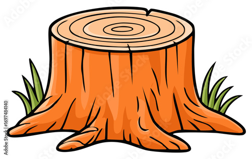 Cartoon Illustration of a Tree Stump with Growth Rings and Green Grass