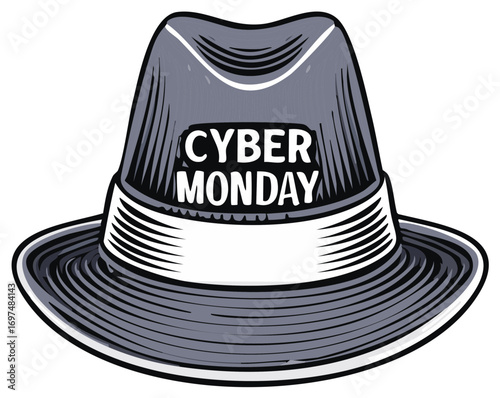 Cyber Monday fedora hat graphic for sales and shopping promotions.