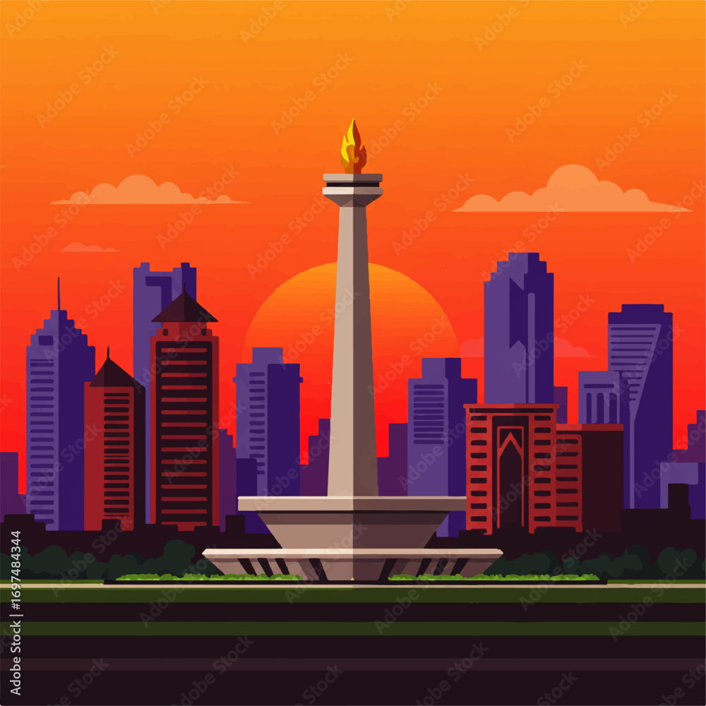 Obraz premium Illustration of the National Monument in Jakarta, Indonesia, with a cityscape silhouette against a vibrant orange and red sunset.