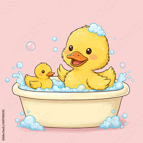 Happy cartoon ducks enjoying a bubble bath in a cozy tub with playful splashes and a pink backdrop