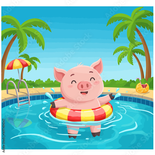 Happy cartoon pig swimming in a colorful inflatable ring in a sunny pool surrounded by palm trees
