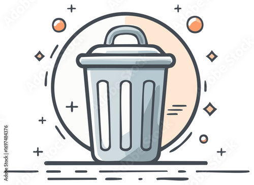 Cartoon illustration of delete icon in container with decorations and geometric shapes