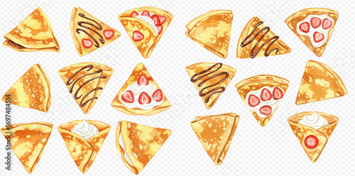 A watercolor illustration set of sweet French crepes folded into triangles with chocolate, cream, and fresh strawberry toppings.