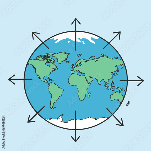 Illustrated globe showing continents with directional arrows indicating movement or travel