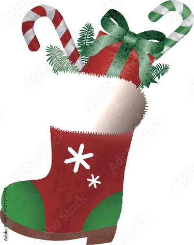 水彩で描かれたクリスマスブーツとプレゼントのイラスト素材
