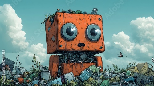 Abandoned robot amid trash under a bright sky, debris on its head and inside, creating a poignant scene. Butterfly adds whimsy. Recycle waste background.