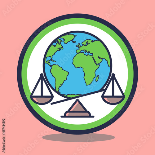 Illustration of a balanced globe on a scale, symbolizing environmental sustainability and justice