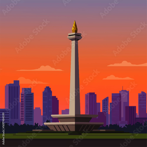 Illustration of the National Monument (Monas) in Jakarta, Indonesia, set against a vibrant orange and purple sunset skyline with city buildings.