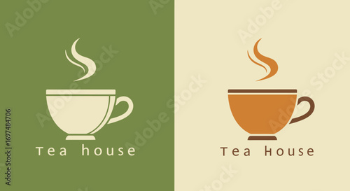 Logo design featuring a steaming tea cup, showcasing a tea house concept with earthy tones
