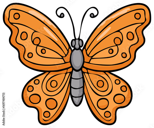 Cartoon butterfly illustration of orange winged insect with black outline, whimsical design, decorative circles and vector graphic rendering on white.