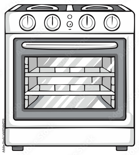 Illustration of a white kitchen oven with glass door and burners on top
