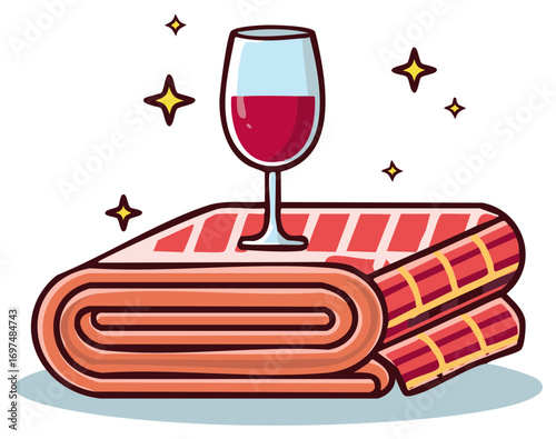 Glass of red wine resting on folded picnic blanket with sparkling stars