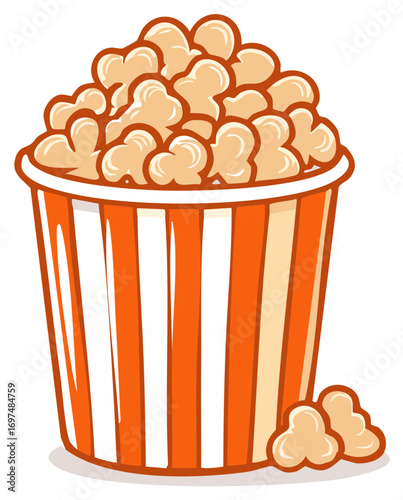 Cartoon Illustration of Popcorn in Striped Bucket, Snack Concept for Movie Night or Theater Treats, Isolated