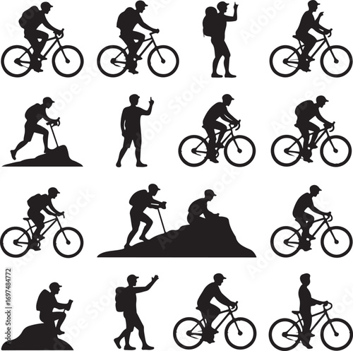 Silhouette collection of cyclists and hikers on mountain trails Keywords: cycling, bicycling