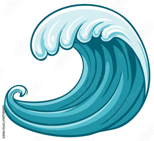 Dynamic Cartoon Ocean Wave Cresting with White Foam and Blue Water Strokes