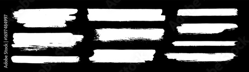 White grunge brush strokes. Vector chalk grunge hand drawn banners isolated on chalkboard bg. Paint roller, urban ink splash brushstrokes. Grungy paint elements. Long straight distressed brushstrokes