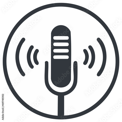 Podcast Microphone Icon with Signal Waves in a Black and White Circle
