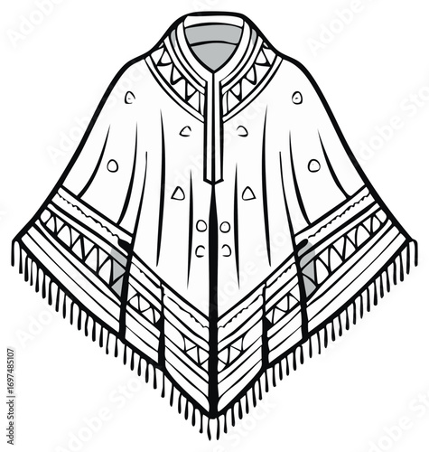 Traditional ethnic poncho with geometric patterns and fringe line art