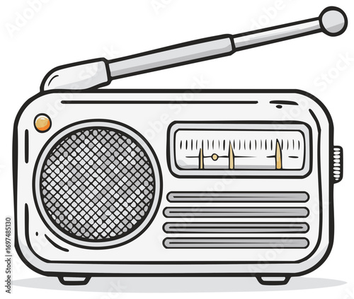Retro radio with adjustable antenna and tuning dial, illustration.