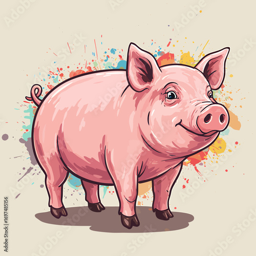 Playful pink pig standing against a colorful splash background, showcasing vibrant art style