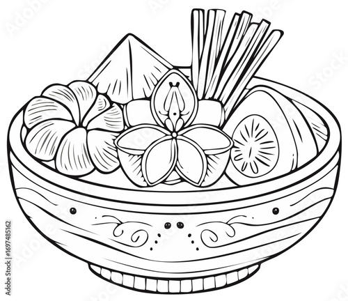 Bowl of Tropical Fruit and Flowers Line Art Exotic Fruit Arrangement Design