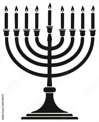 Black silhouette of a traditional Hanukkah menorah with nine lit candles. Jewish holiday symbol icon illustration.