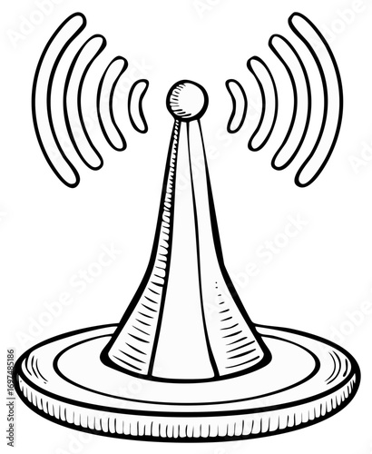 A hand drawn sketch of a wireless signal tower broadcasting waves line art illustration