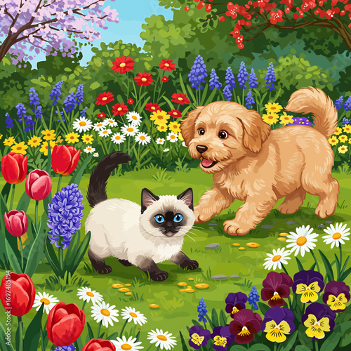 Playful puppy and curious kitten frolicking in a vibrant flower garden under a clear sky
