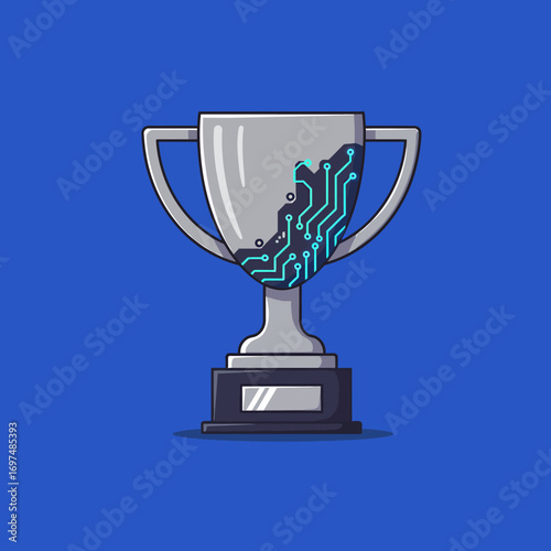 Silver trophy with digital circuit design on a blue background, symbolizing technology and achievement