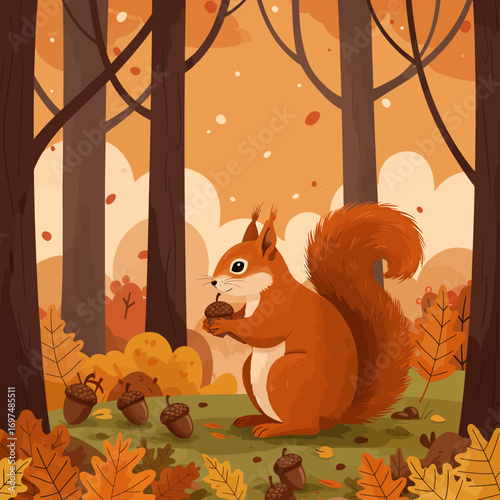 Squirrel holding an acorn amidst colorful autumn foliage in a serene forest setting