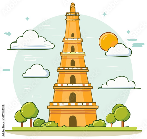 Tall orange historical tiered tower illustration with sun, clouds, and green landscape
