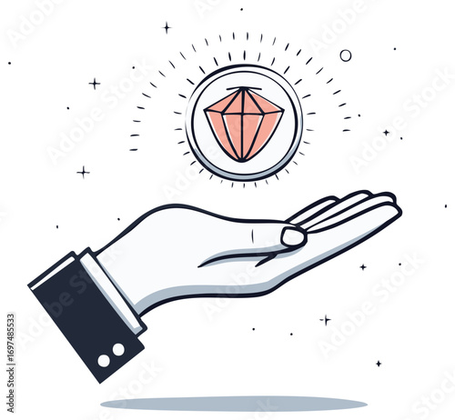 Elegant hand holding precious sparkling diamond coin, presenting wealth and prosperity in contemporary line art drawing design
