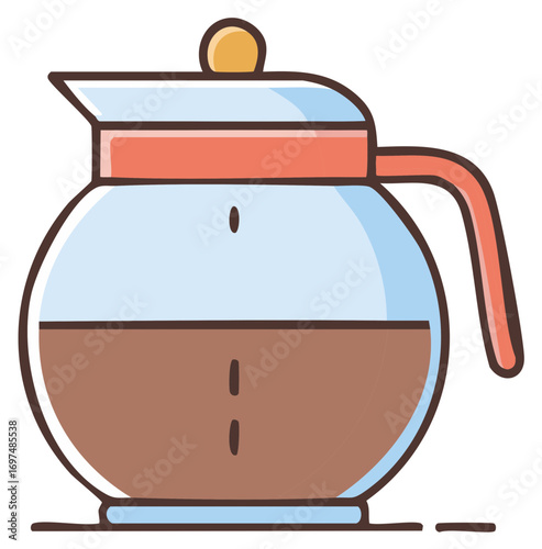 Illustration of transparent glass coffee carafe filled with brown liquid and equipped with handle