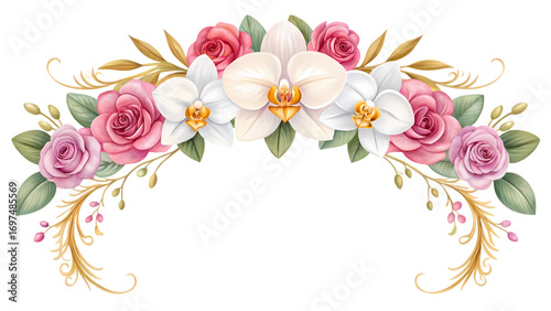 Stunning Watercolor Floral Wreath with Orchids and Roses on Transparent Background
