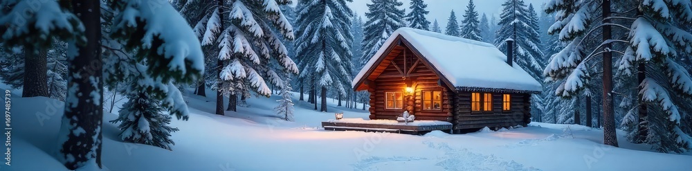 Fototapeta premium A cozy cabin nestled deep within a snowy forest, hidden from the harsh winter winds The scene evokes a sense of warmth and seclusion, perfect for a winter escape , idyllic, woods, cold