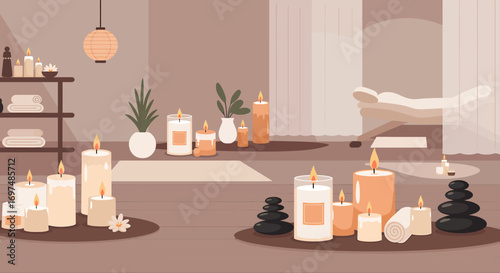 Tranquil spa interior featuring lit candles, plants, and a massage table, promoting relaxation