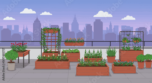 Urban rooftop garden with vibrant flowers and plants, overlooking a city skyline at sunset