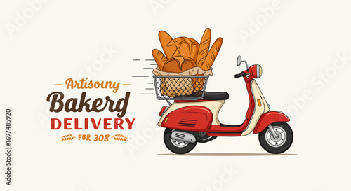 Vintage scooter delivering fresh artisan bread loaves in a charming urban setting