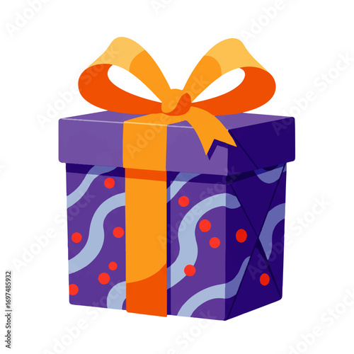 A purple gift box decorated with wavy lines and red dots, tied with a bright yellow ribbon and bow.