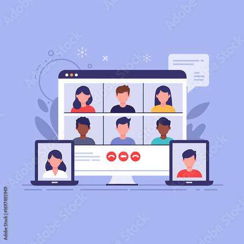 Virtual meeting with diverse participants displayed on computer screens, showcasing collaboration