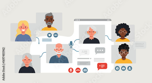 Virtual meeting with diverse participants engaged in conversation and sharing ideas online