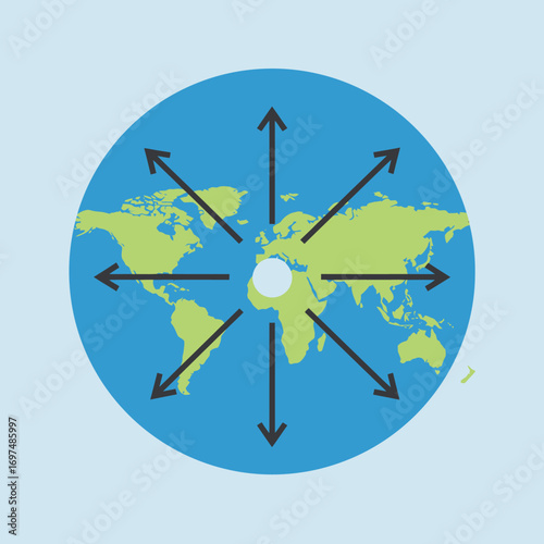World map graphic with directional arrows emanating from the center, symbolizing global connectivity